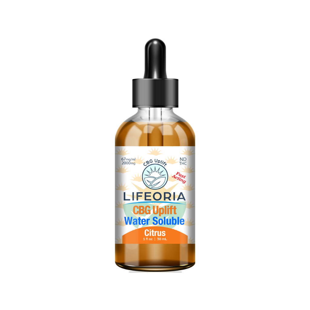 A bottle of LIFEORIA citrus water soluble cbd.