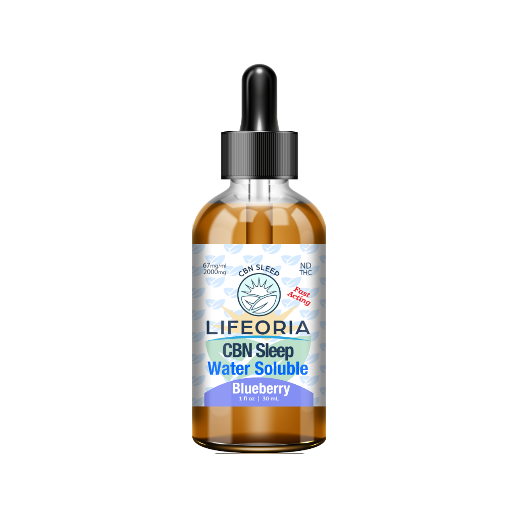 LIFEORIA A bottle of blueberry water soluble cbd oil.