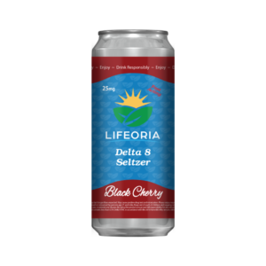 LIFEORIA A can of Lifeoria black cherry seltzer.