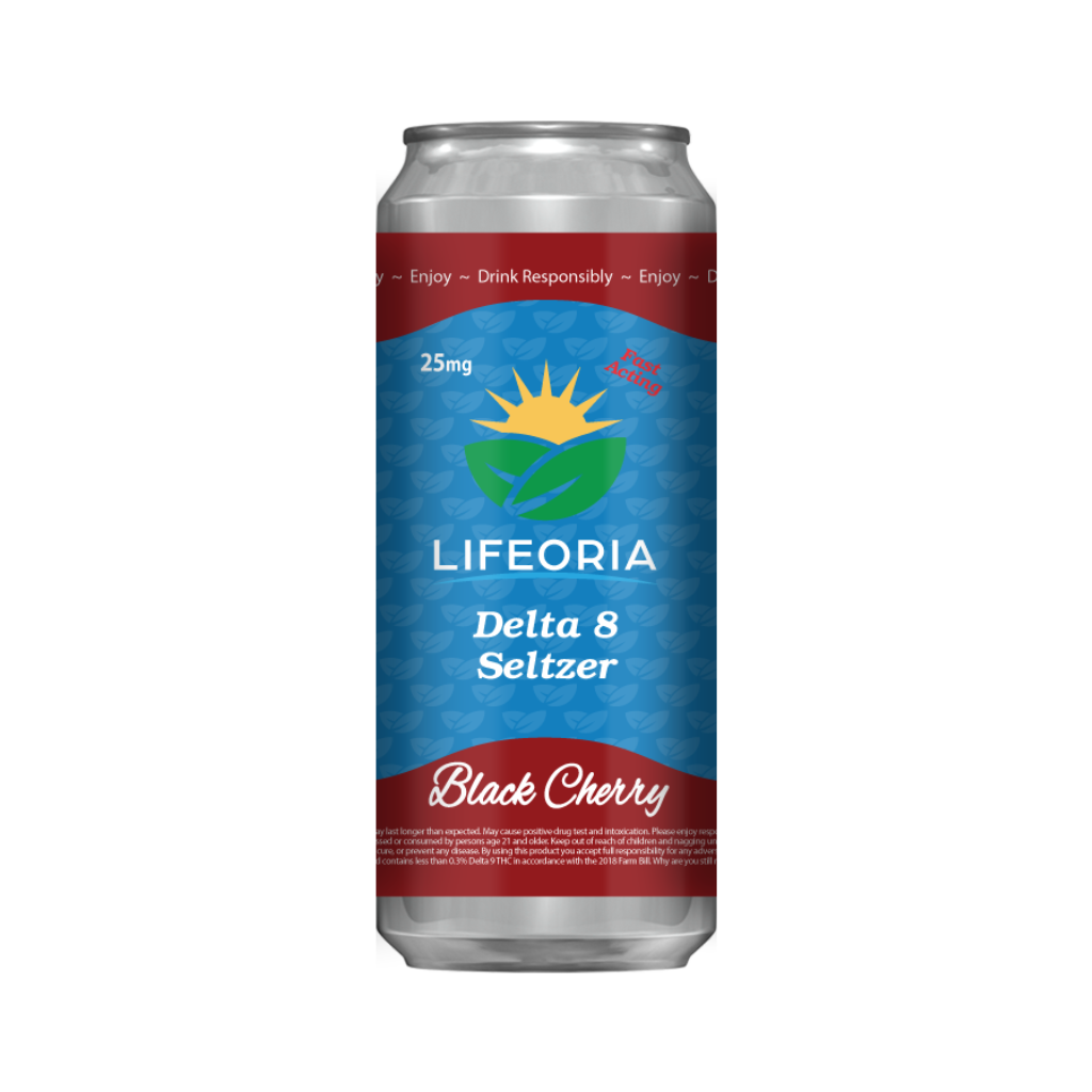 LIFEORIA A can of Lifeoria black cherry seltzer.