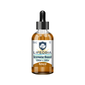 LIFEORIA A bottle of LIFEORIA immune booster cbd oil on a black background.