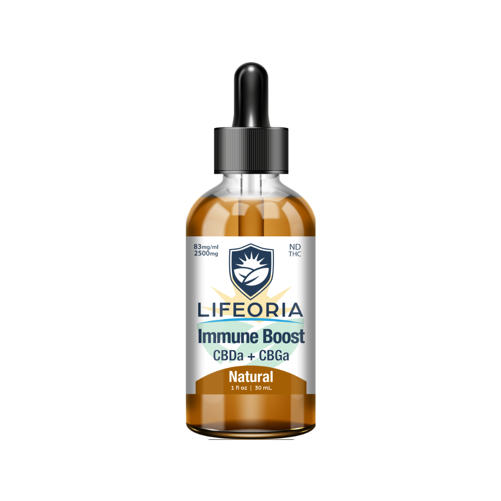 LIFEORIA A bottle of LIFEORIA immune booster cbd oil on a black background.