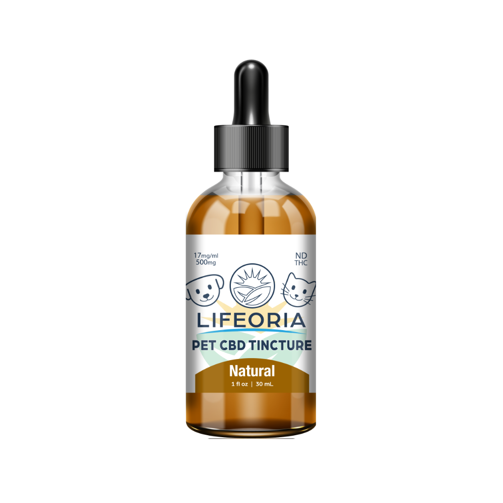 A bottle of natural pet LIFEORIA cbd oil.